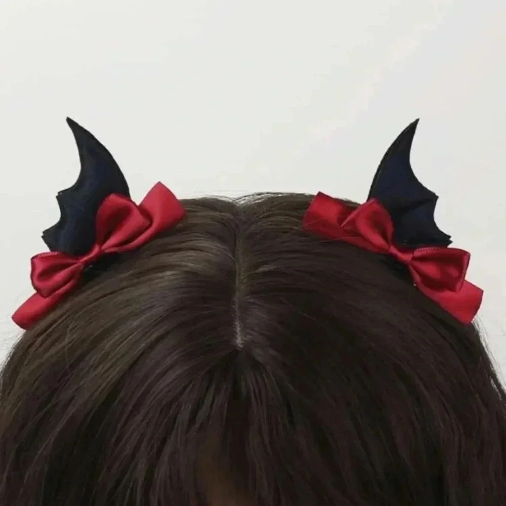 1 pair Black bat wing with red ribbon hair barrettes Halloween costume accessory